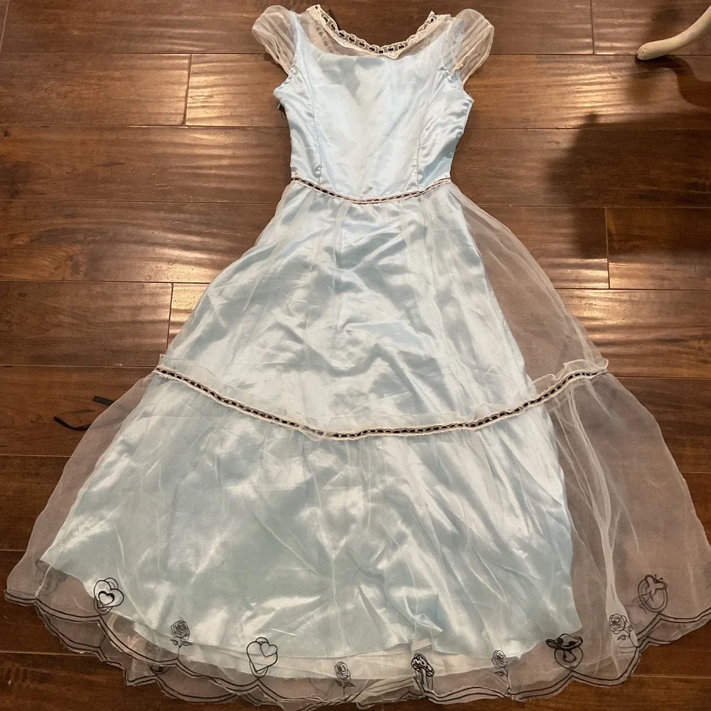 Alice in Wonderland Costume Dress Kids Large Blue Satin Lace Heart Rose 00659V